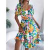 Rochie Florală de Damă Rochie Casual Florală cu Gât Pătrat Mânecă Scurtă cu Volan în Talie Rochie A-Line Rochii Largi