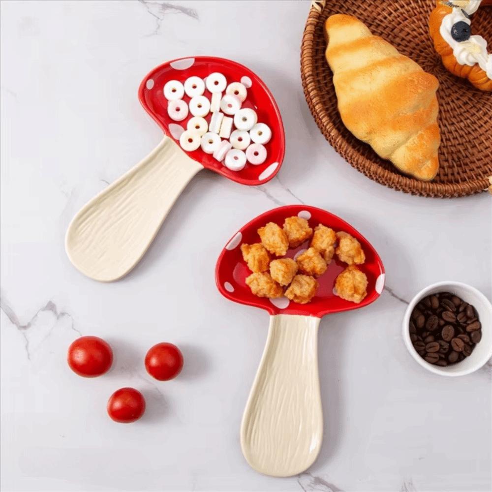 Cartoon Ceramic Mushroom Spoon Rest Non-slip Bottom Heat Resistant Ladle Holder Glazed Mushroom-Shaped Tray Dinning Table