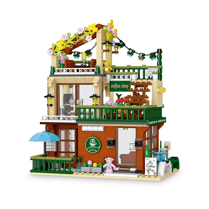 3IN1 Kaffeeladen Straßenansicht Bausteine Spielzeug mit Licht Montage Haus Bausteine Ornamente Mädchen Erwachsene Weihnachtsgeschenke
