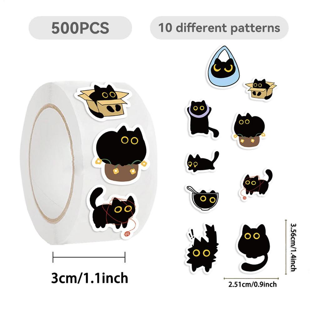 500pcs/roll Cartoon Black Cat Stickers Funny Black Kitten Laptop Stickers Cat Decals For Scrapbooking Journal Envelope Sealing
