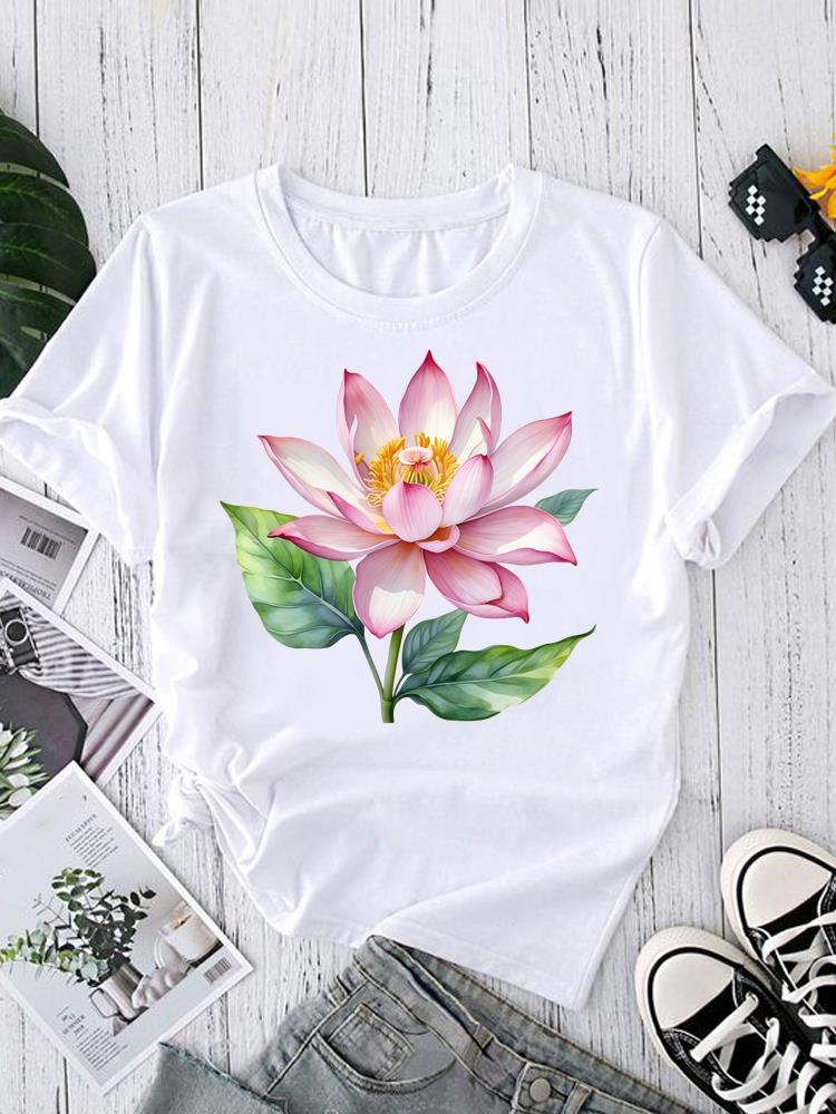 (Asian Size) sweet lovely flower Tee Fashion Print Casual Top O-neck Short Sleeve T-shirts T Graphic Female Women's Clothing