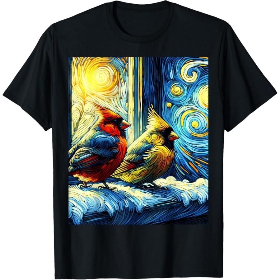 Winter Snowy Cardinals, Van Gogh Starry Night, Christmas T-Shirt XXXXXL чёрный
