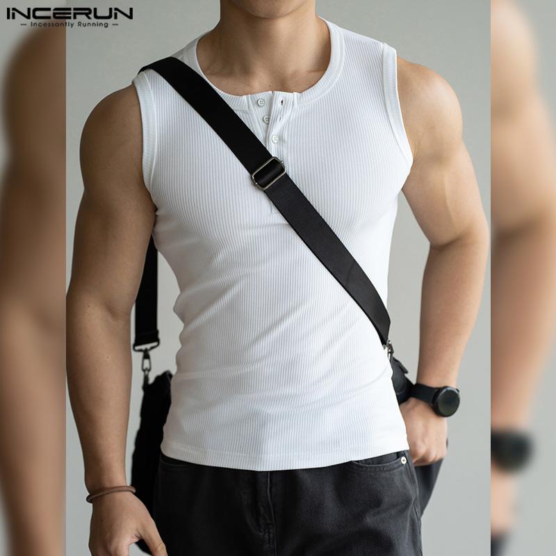 INCERUN Mens Summer Button O-neck Sleeveless Solid Color Casual Rib Tank Tops