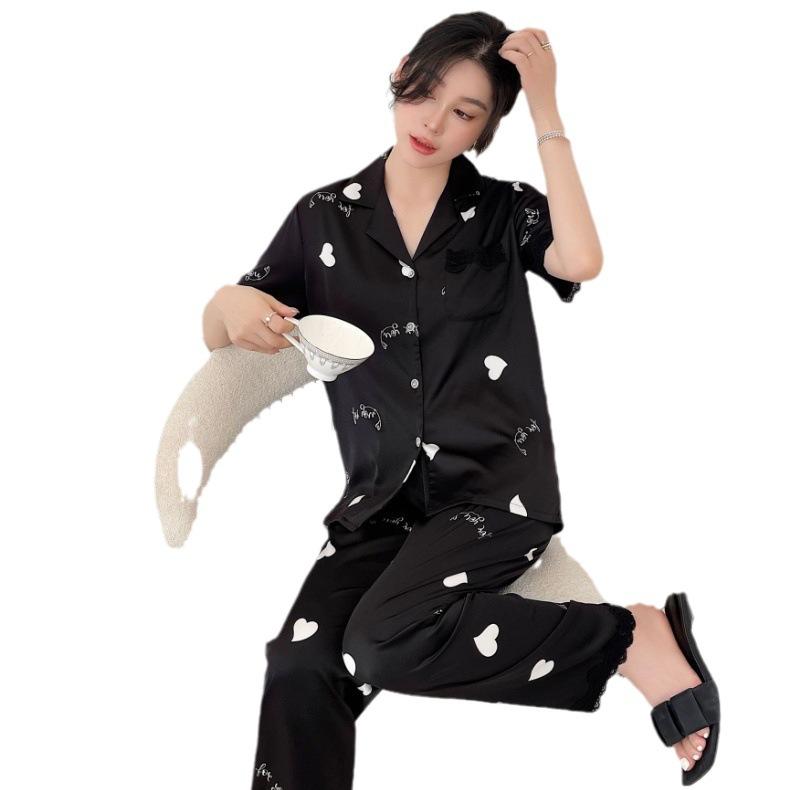 Light Luxury Spring and Autumn Summer Ice Silk Pajamas Women's Long-sleeved Two-piece Set Sweet and Cute Love Set Loungewear Premium