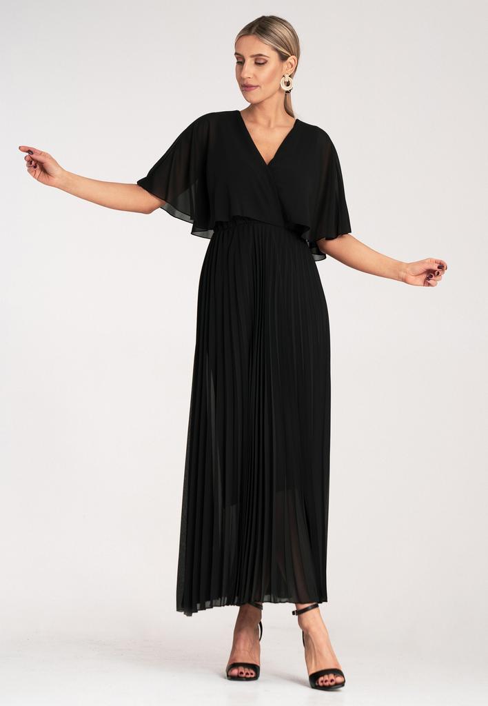 Dress with Cape - Elegant Dress with Pleated Bottom - Black Dress M1123 S/M