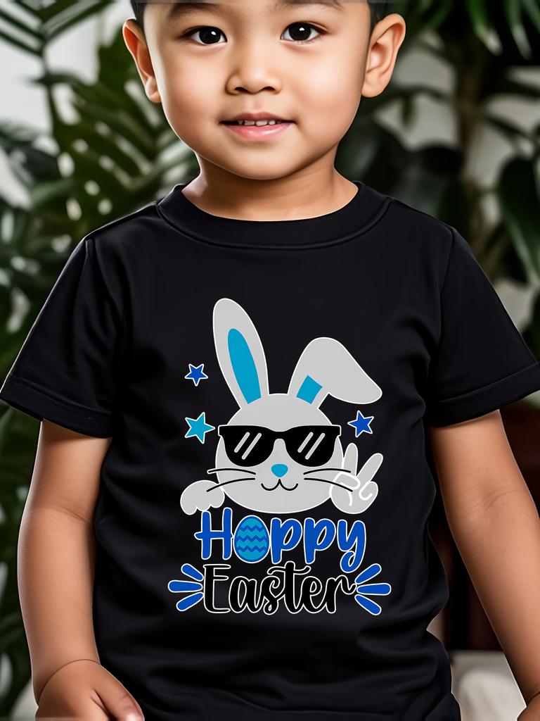 European sizes Children Happy Easter Bunny Print Boys' Short-Sleeve T-Shirt 100% Polyester Machine Washable Fun Cartoon Design for Spring/Summer/Fall