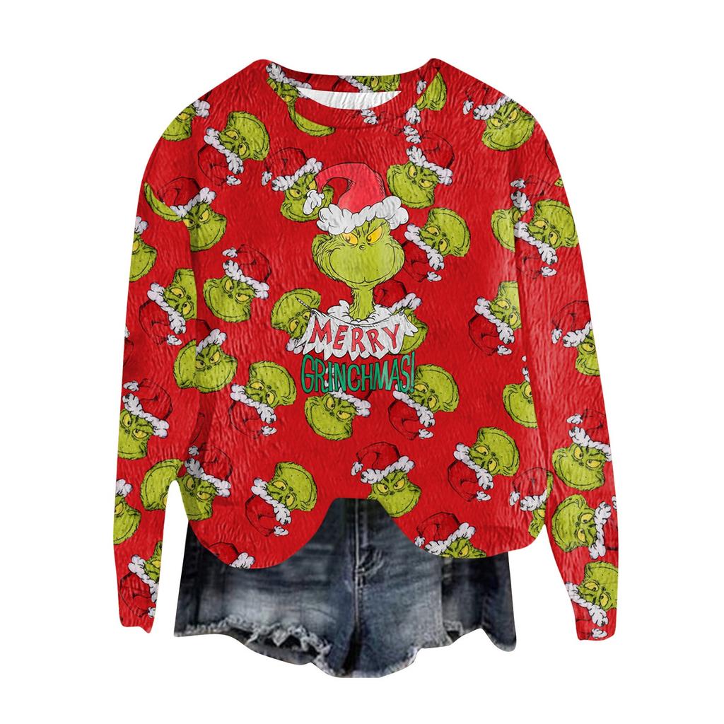 Women's Fashion Round Neck Pullover Top Long Sleeve Tee Christmas Printed Sweatshirt