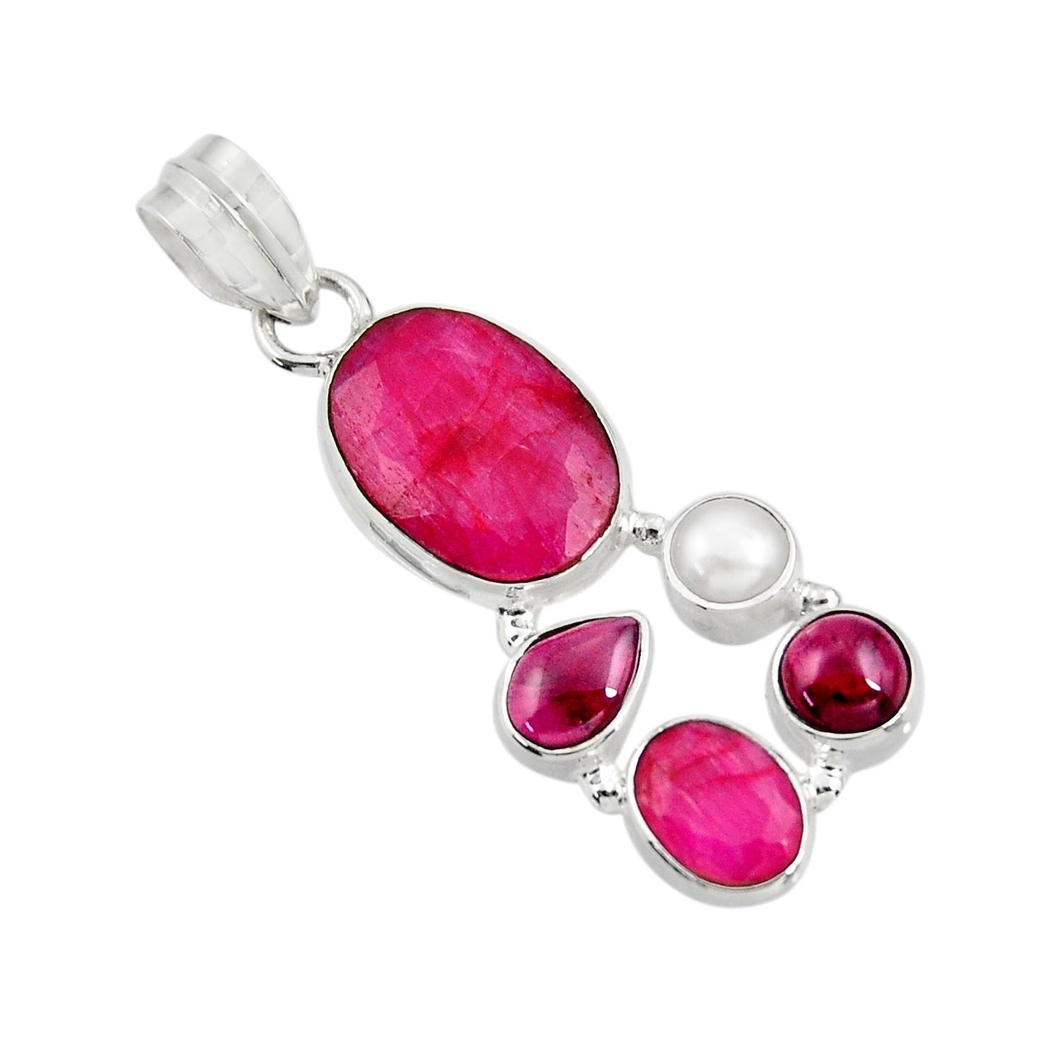Pendentif en argent serti de 2 rubis et de 2 grenats naturels + chaine 3cm gxi20