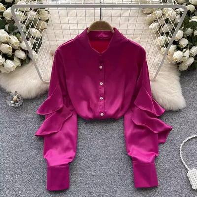 Korean Fashion Ruffled Long Sleeve Blouse Women Vintage Elegant Satin Shirt Women Solid Casual Loose Blouses Design Tops 29538
