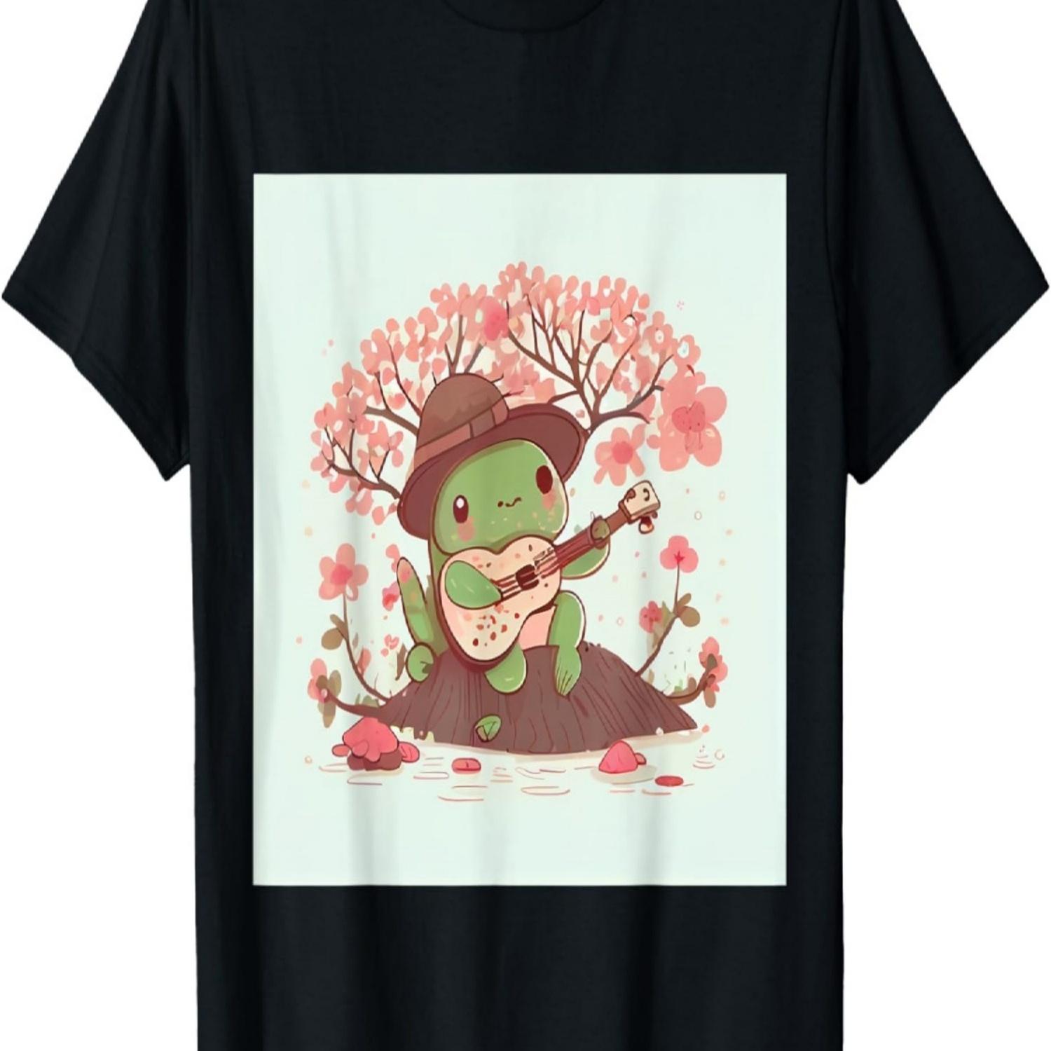 Kawaii Cottagecore Frog playing guitar cherry blossom garden T-Shirt S
