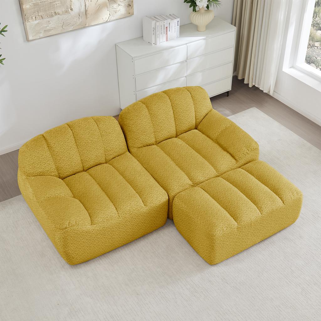 2-Seater L-Shaped Modular Boneless Sofa, Shell Shape, Deep Seat Cushions with 1 Ottoman, Sofa for Living Room, No Assembly Required, Yellow