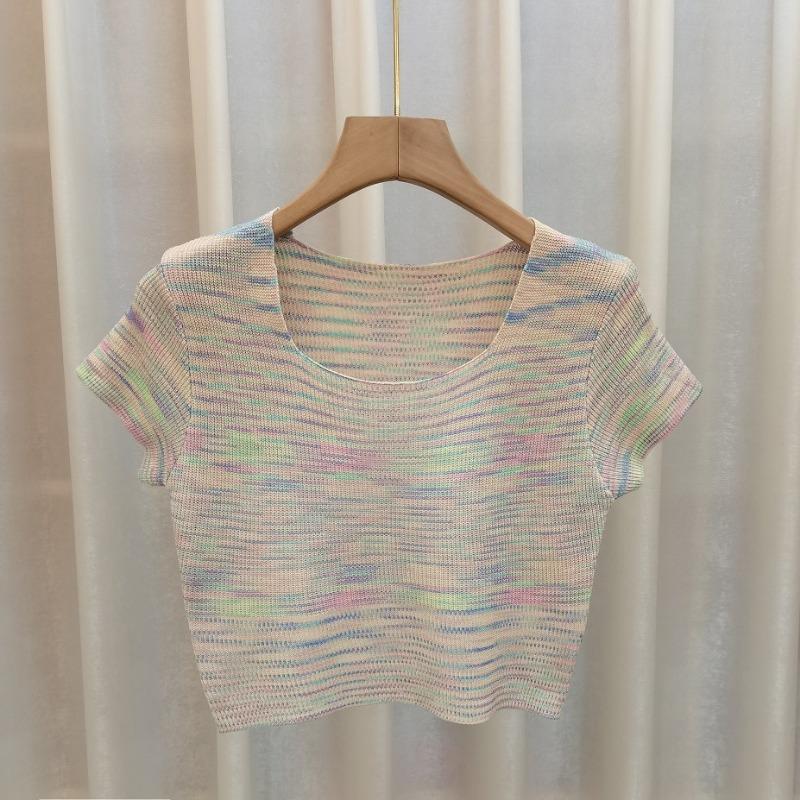 Sommer Neu Koreanischer Stil Schlichte Mode Regenbogenfarben Weich Wachsartig Quadratischer Kragen Kurzärmliger Pullover Damen T-Shirt Top