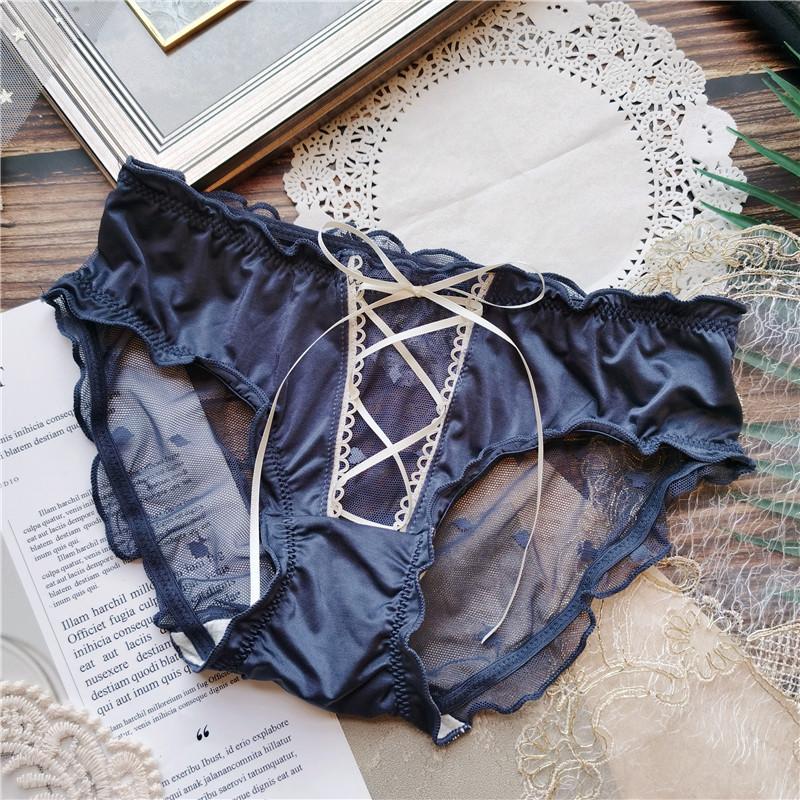 Lace-up Underwear Sexy Seduction Retro Color Ice Silk Briefs Gauze Covered Hip Low Waist Women's Panties