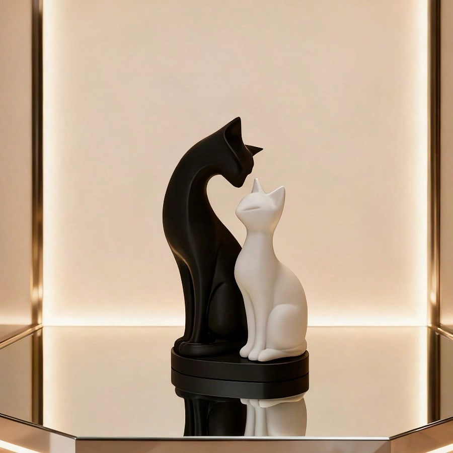 Abstract Cat Couple Figurine Set - Modern Resin Home Decor, Black White Animal Statue for Desk Shelf, Birthday Wedding Gift
