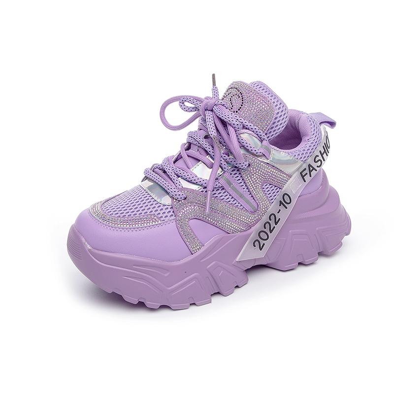 Wysokiej Jakości Damskie Grube Trampki Modne Fioletowe Buty Sportowe Luksusowe Błyszczące Strassowe Damskie Codzienne Buty Tenisowe Damskie PU