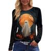 Women's Round Neck Long Sleeve Top with Halloween Print and Side Slit for Fall Festive Occasions
