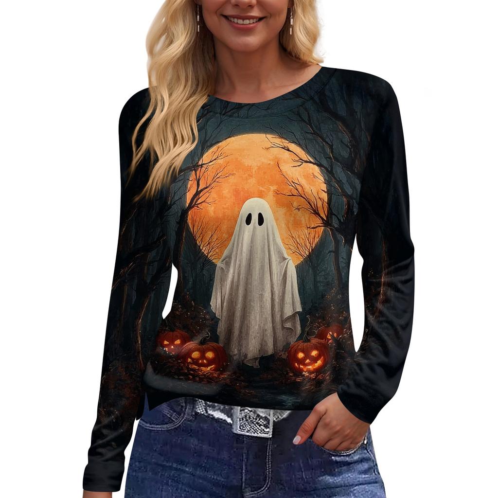 Women's Round Neck Long Sleeve Top with Halloween Print and Side Slit for Fall Festive Occasions