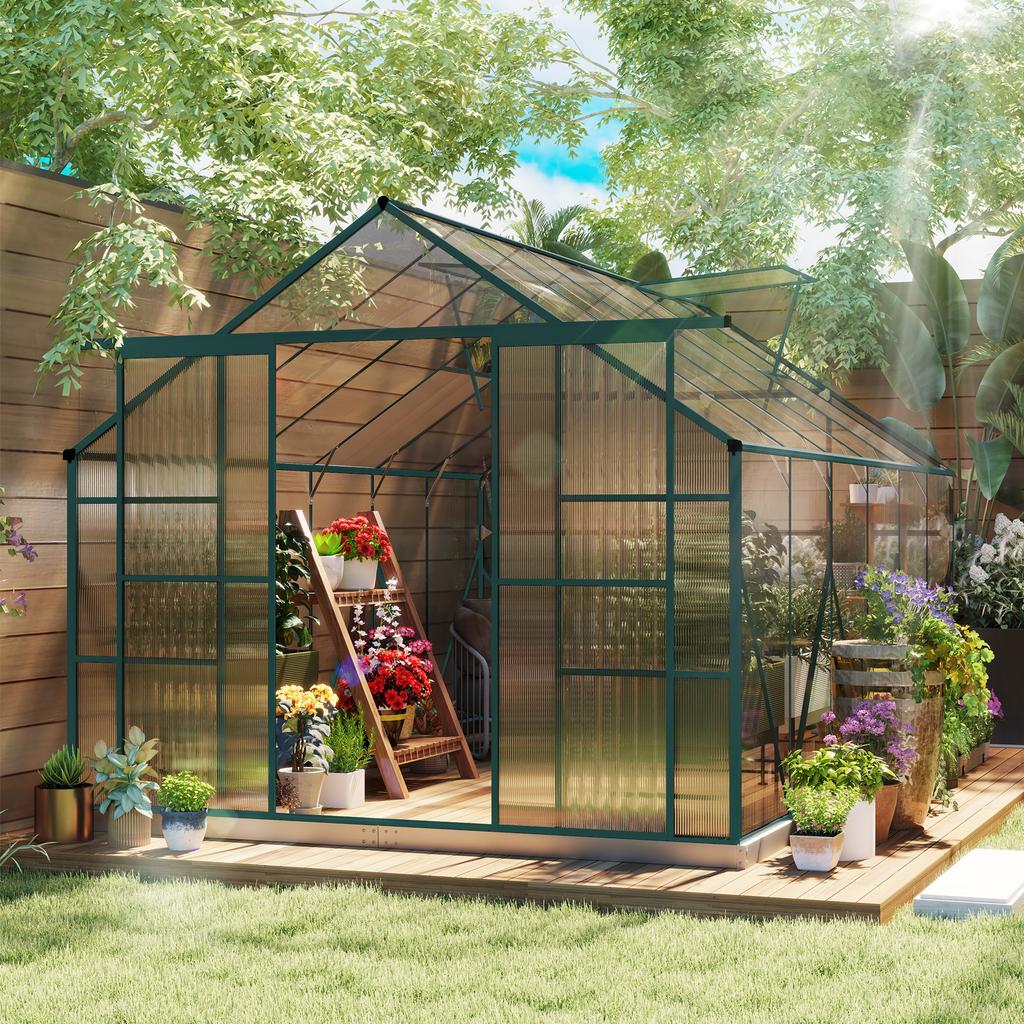 8 x 12ft Aluminium Greenhouse Polycarbonate Walk-in Garden Greenhouse Kit with Adjustable Roof Vent, Double Sliding Door, Rain Gutter and Foundation