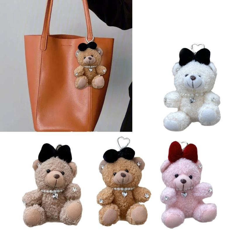 Soft Plush Bear Hanging Ornament Fashionable Soft Bear Keychain with Bowknot Plush Key Accessory for Stylish Bags