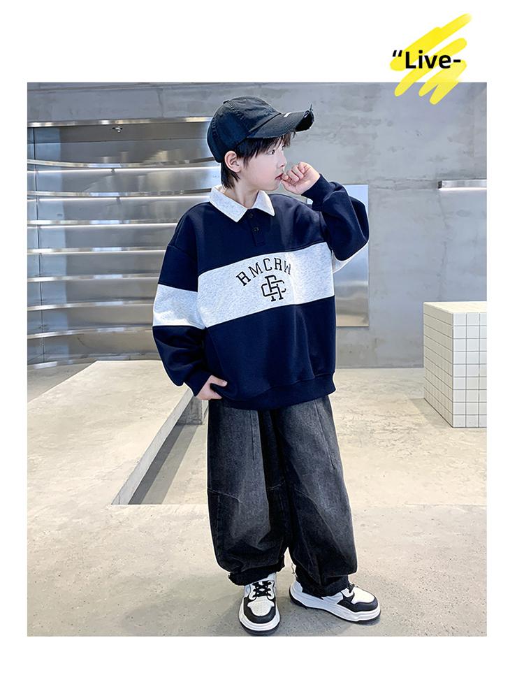 Children's Korean Retro Contrasting Polo Collar Sweatshirt with Cotton Fabric for Boys In Spring and Autumn, Long Sleeved Pullover Sweater