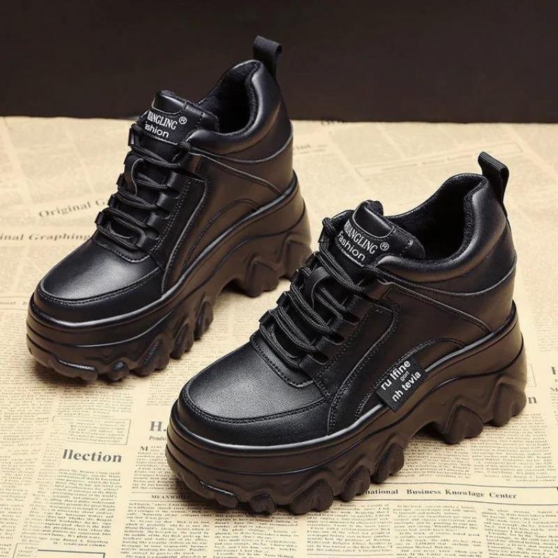 Small inner height-increasing leather sneakers autumn new round head lace-up running shoes women's casual shoes women's