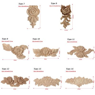 Natural Home Decoration Door Adornment Woodcarving Rose Flower Wooden Crafts Floral Carved Corner Appliques