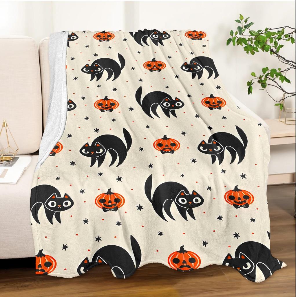 1PC Halloween Throw Blanket Cats Sekeleton Pumpkin Skull Ghost Thin Blanket Gifts for Couch Bed Car Home Camping All Season Use