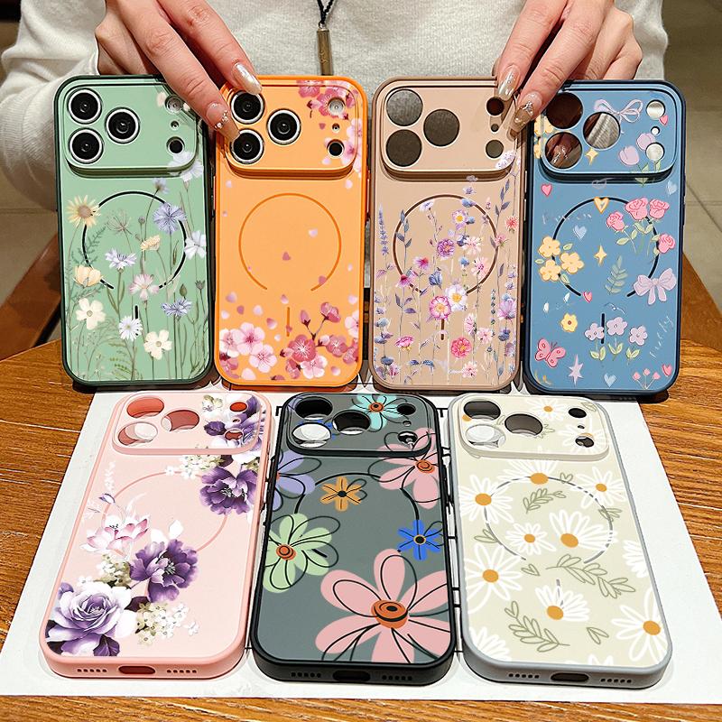 Cartoon Floral Pattern Case For iPhone 17 Pro Max Funda iPhone 16 15 14 13 Pro Max Magnetic For Magsafe Hybrid Slim Matte Cover Daisies Peach Blossom