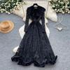 French Court Style Lace Dress Women's Long-sleeved High-waisted Strap Waist A-word Long Dress Elegant Niche Autumn