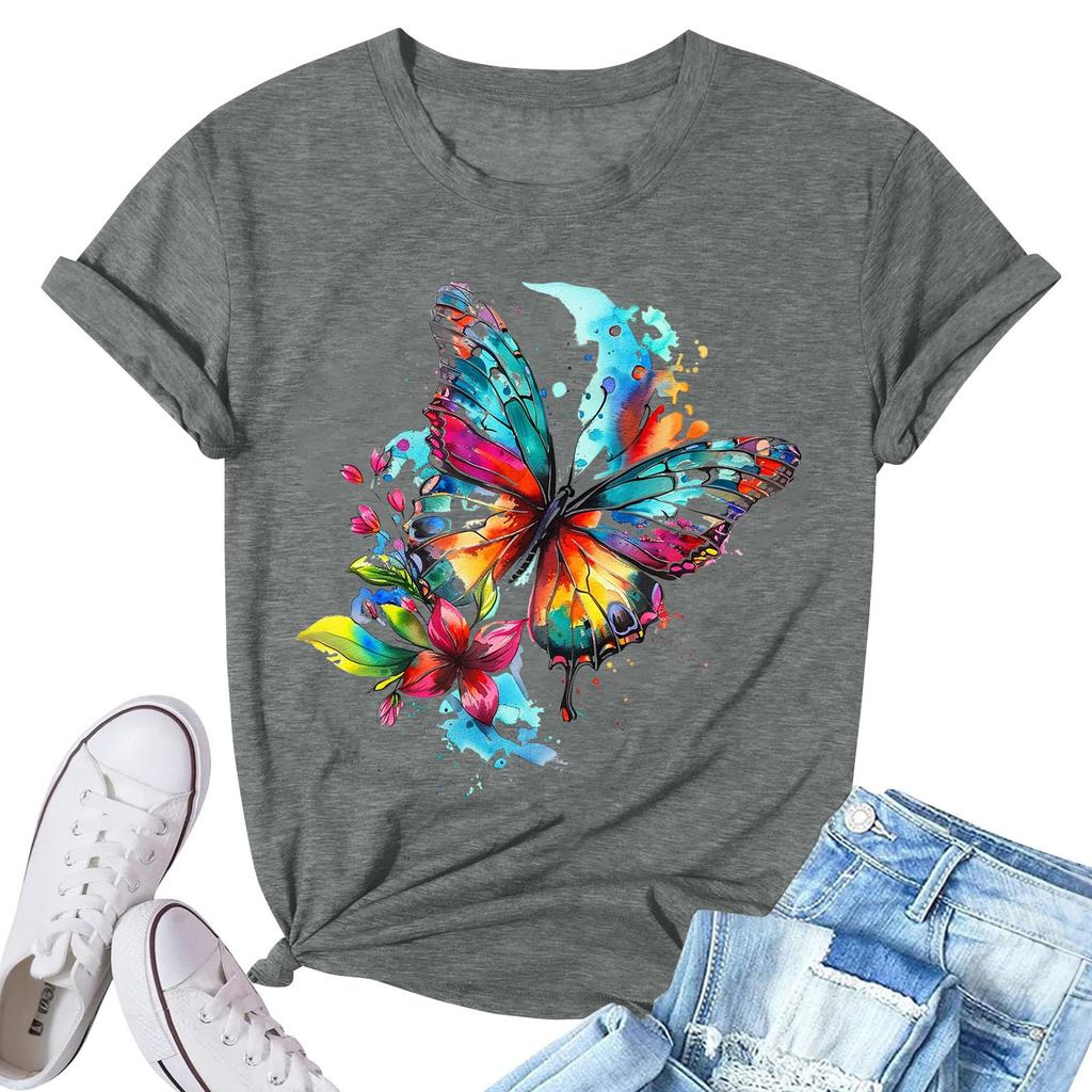 Women's Fashion Printed Casual Pleated Round Short Sleeve T-Shirt Top