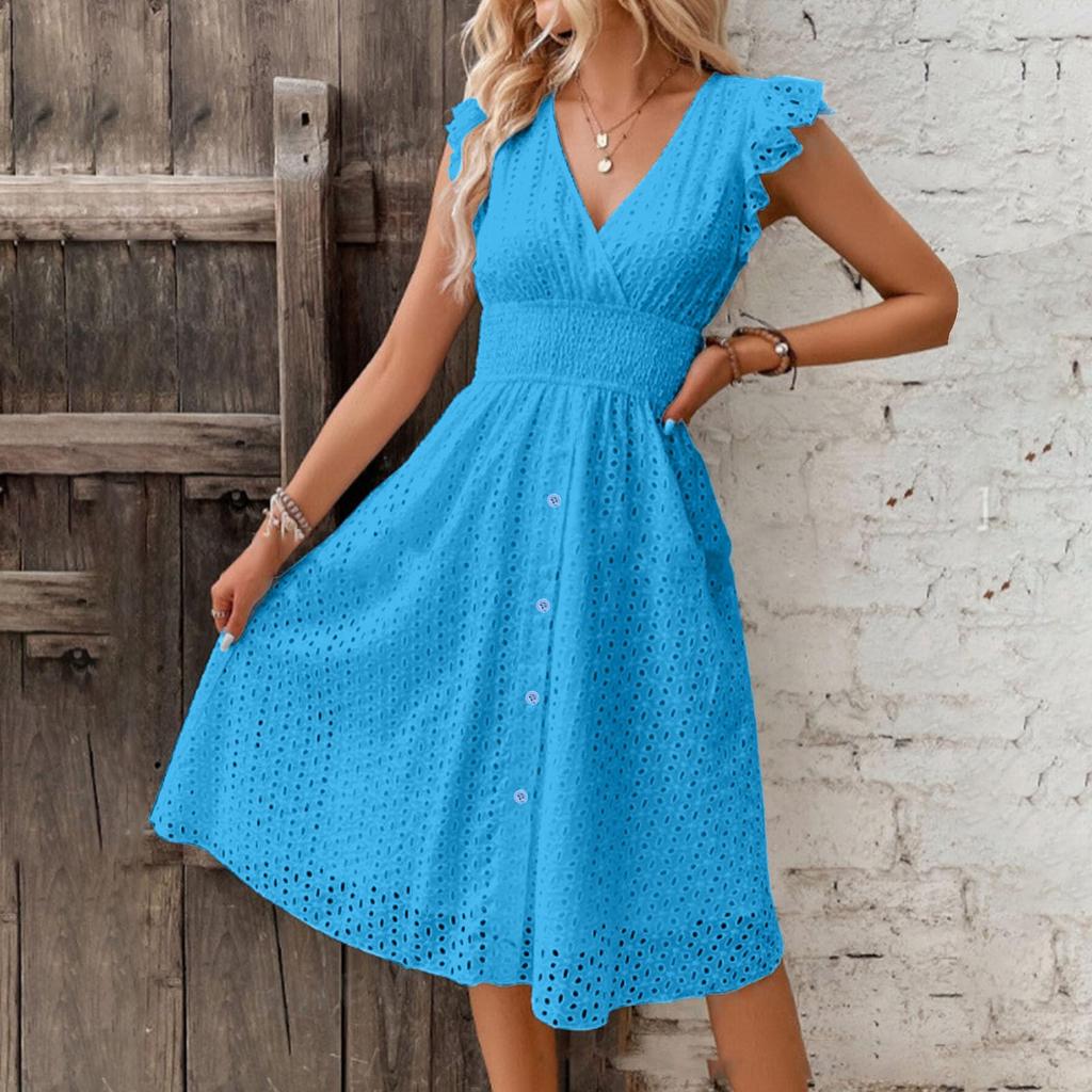 Elegant Red Summer Dress for Women V-Neck, Short Sleeve, Flowy Design Perfect for Casual and Formal Occasions