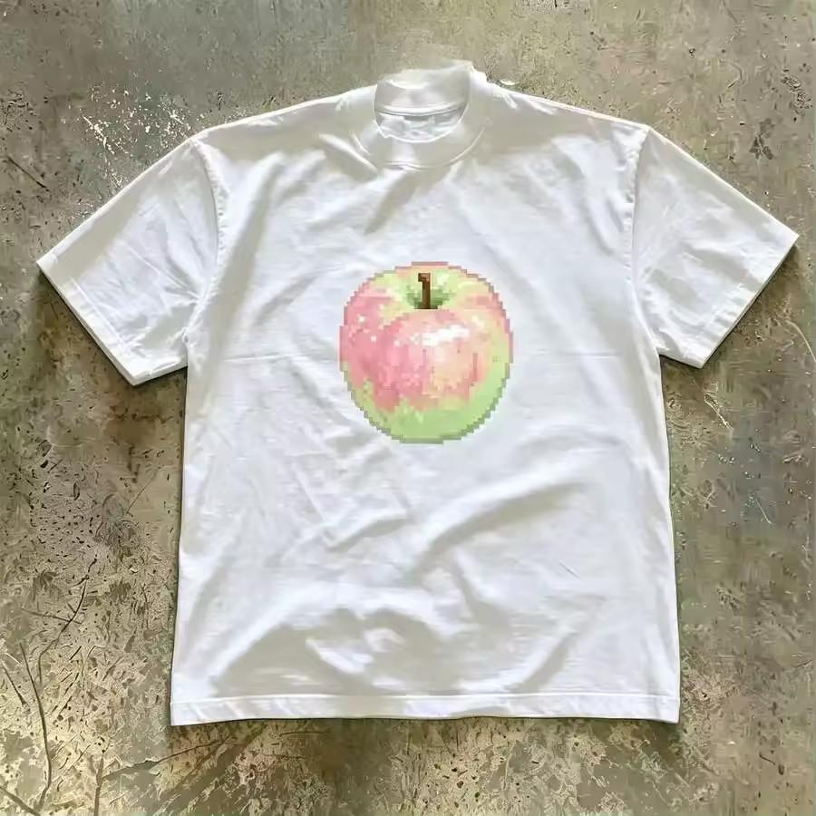 Unisex Minimal Pixel Apple Front Chest Graphic Print Oversized Relaxed Fit Heavyweight Cotton Crew Neck Short Sleeve Couple Casual Everyday Tee