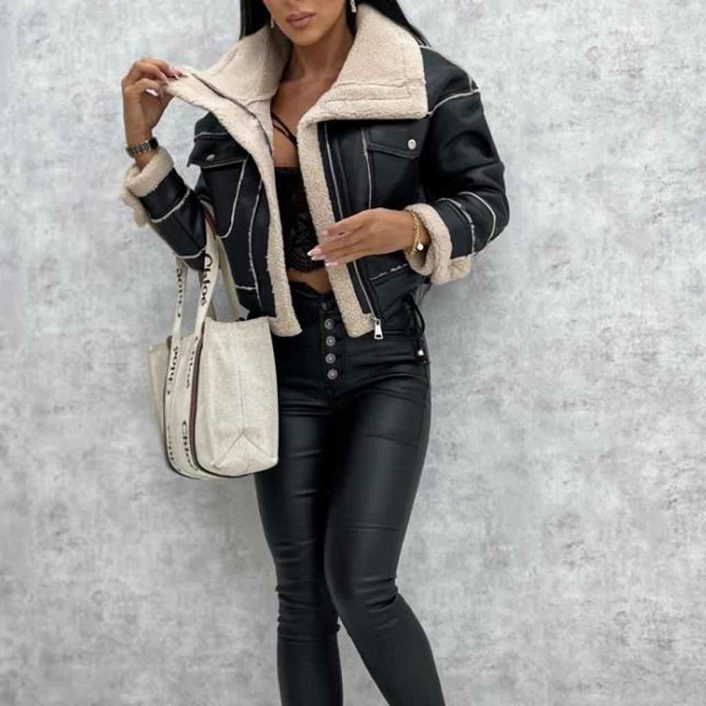 2025 European Autumn/Winter Lambswool Biker Style PU Leather Jacket for Women