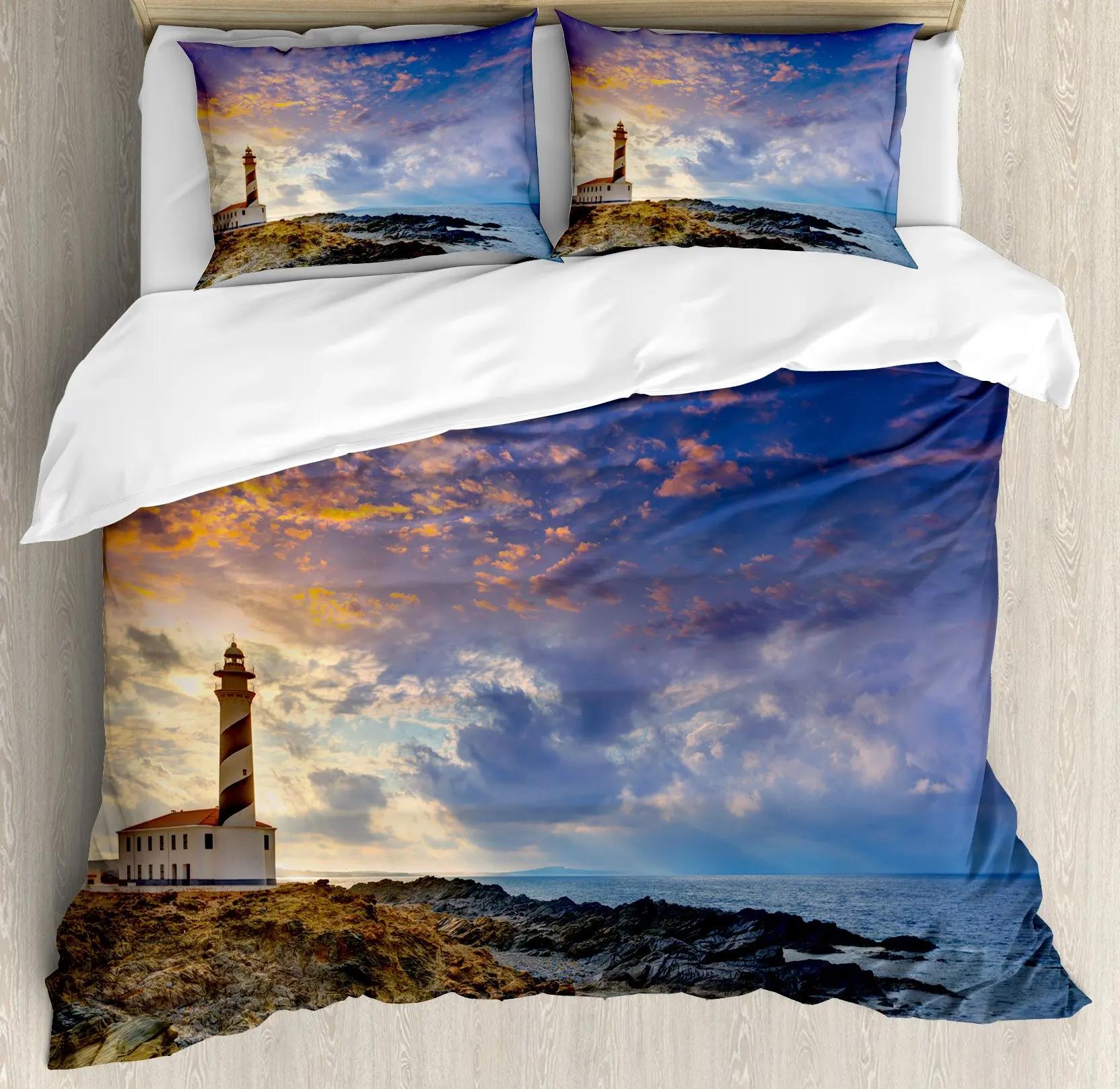 Lighthouse Brown Blue Duvet Cover Sunset Lighthouse Cape In Mahon At Balearic Islands Spain Coast Room Decorative For Women Men EU Single(135*200cm)3pcs
