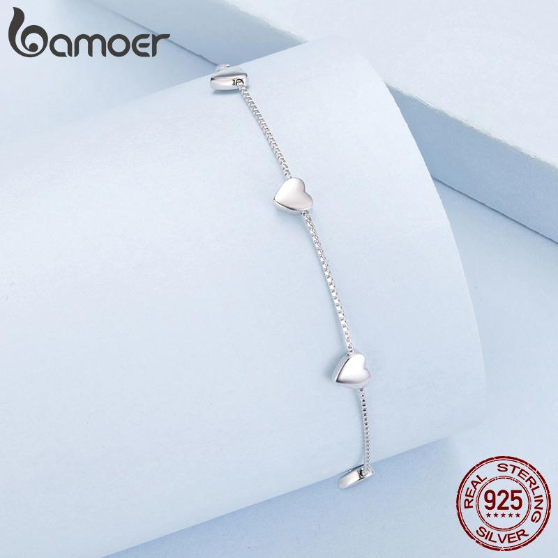 BAMOER 925 Sterling Silver Adjustable Heart Bracelet Dainty Box Chain Bracelet for Women Teen Girls Sweet Birthday Gift