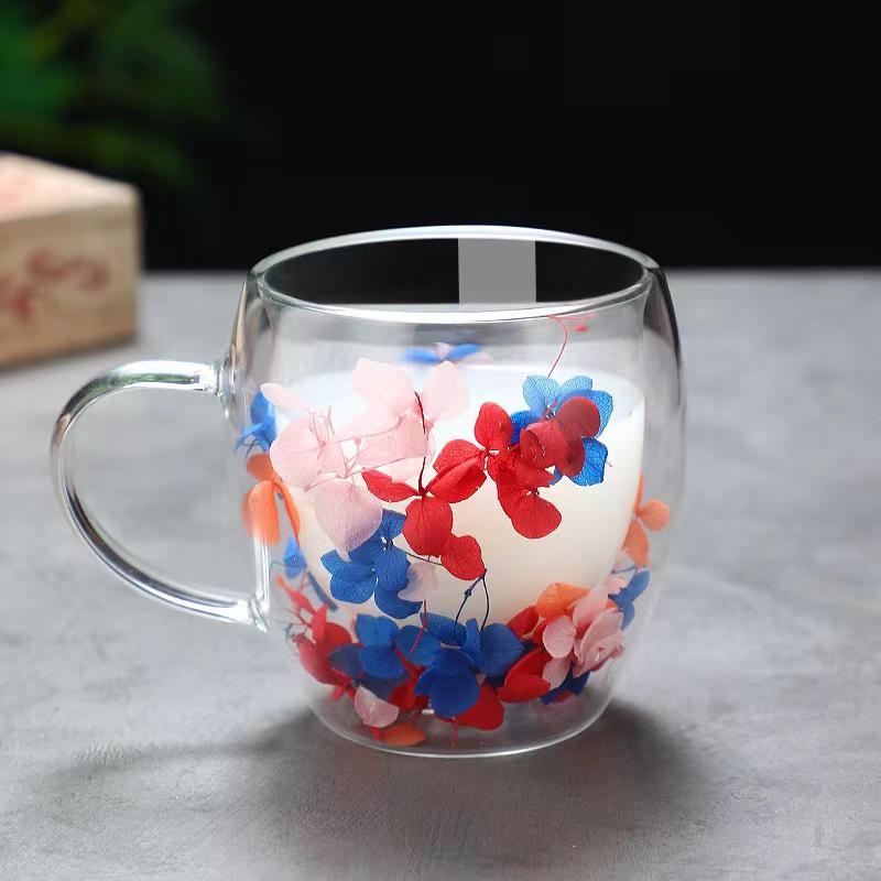High-value Double-layer Glass Cup with Real Dried Flowers - Heat-resistant with Handle for Tea, Coffee, or Milk.