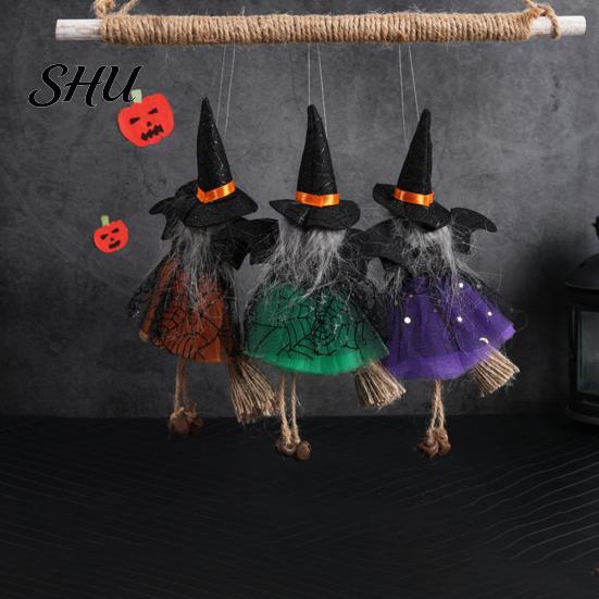 Halloween Witch Ornament Decoration Soft Cloth Gauze Skirt Mini Broom Stuffed Doll Hanging Festival Figurine Pendant Gift Idea