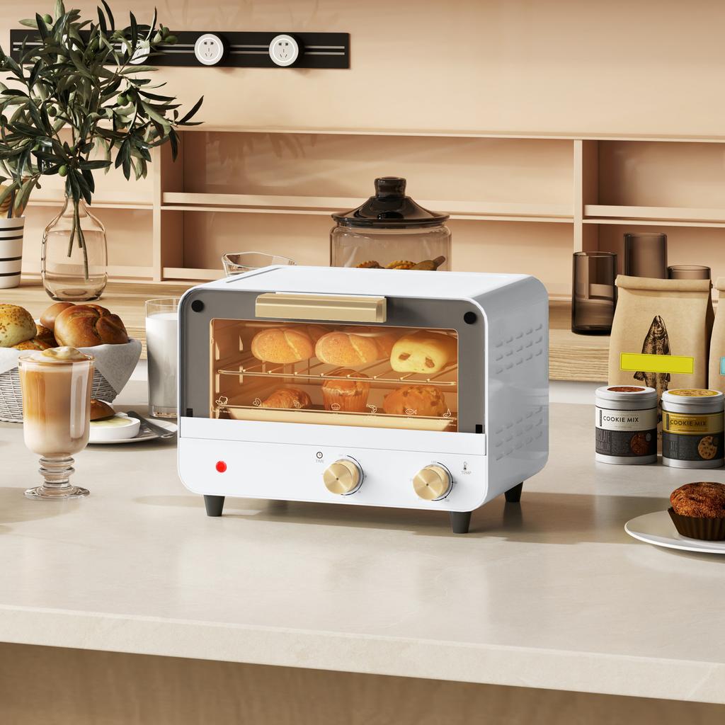 Electric Oven 12L with Timer and Adjustable Temperature, in Steel and Plastic, 31.5x27.7x22.7 cm, White and Gold