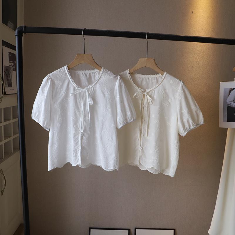 Korean Lace Jacquard Tie-Up Bubble Sleeve Women's Shirt - Summer 2025 Collection
