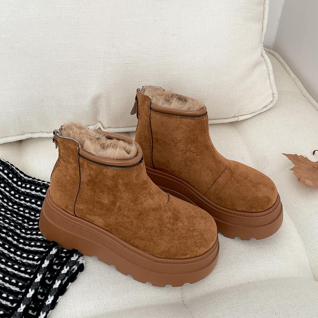 Vintage Fur Lining Women Snow Boots Comfort Platform Thick Sole Keep Warm Cotton Short Booties Winter Women's Plush Shoes
