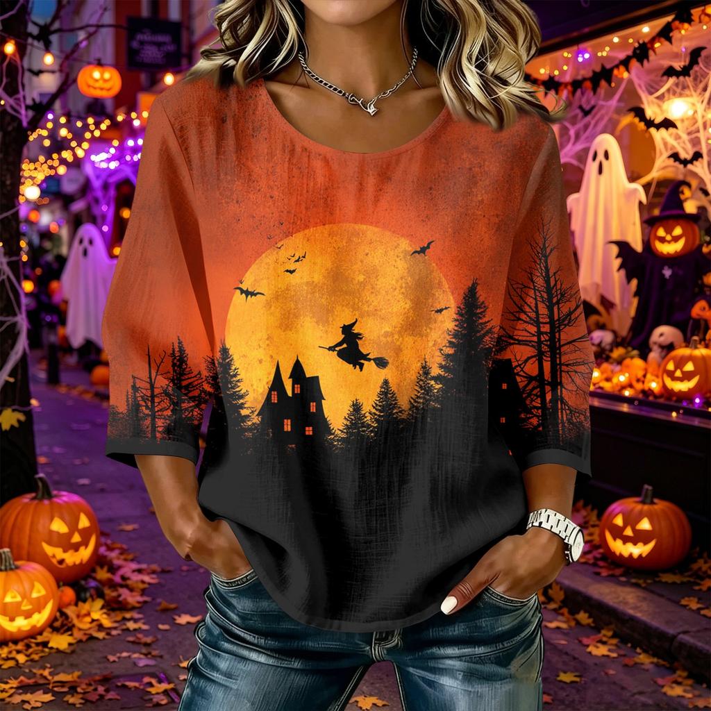 Women's Casual Halloween Print Round Neck Three Quarter Sleeve Linen Cotton Blend Top with Relaxed Fit and Comfortable Fabric Suitable for Daily Wear