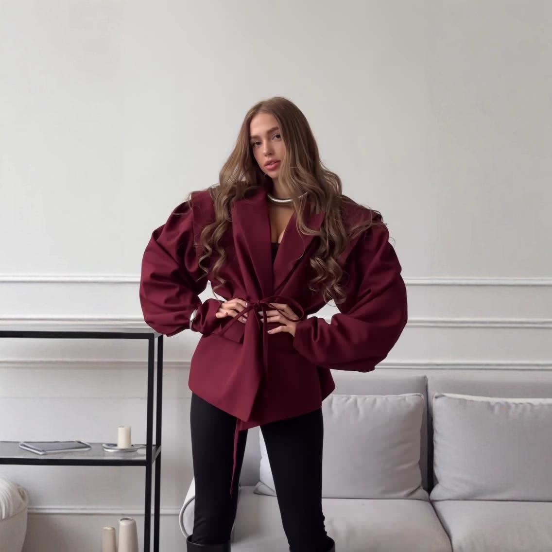 

2025 Autumn Winter V-neck Lace-up Padded Shoulder Long Sleeve Women s Suit Large