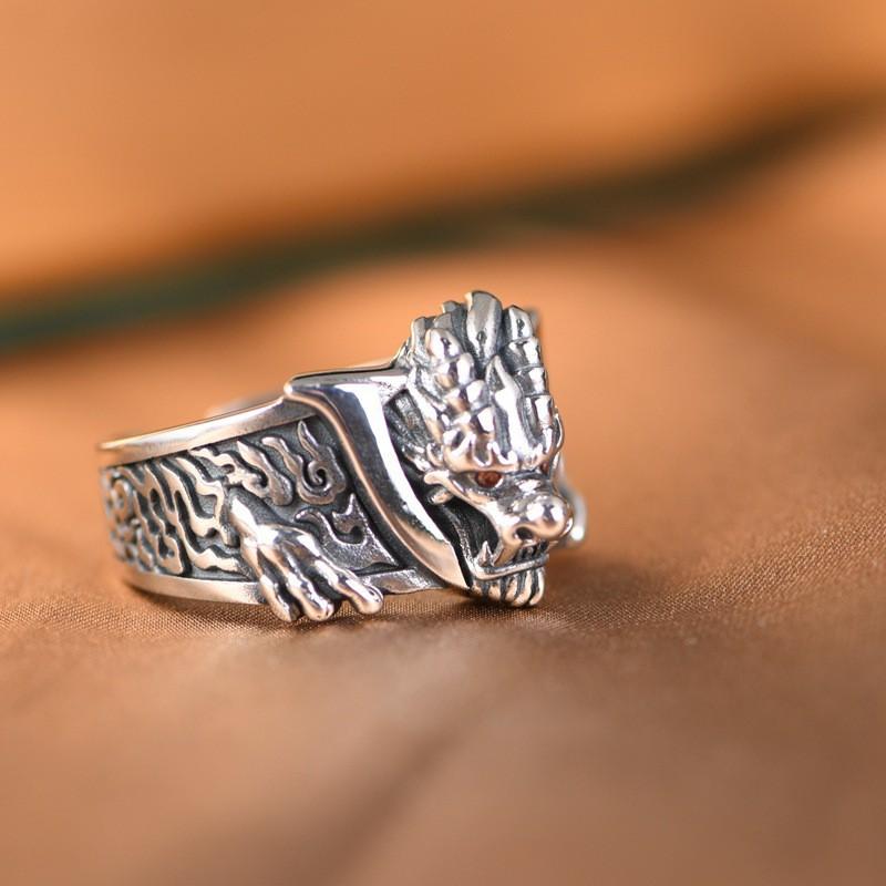 Adjustable Open Ring Men Women Vintage Dragon Flame Design Copper Plated Statement Jewelry