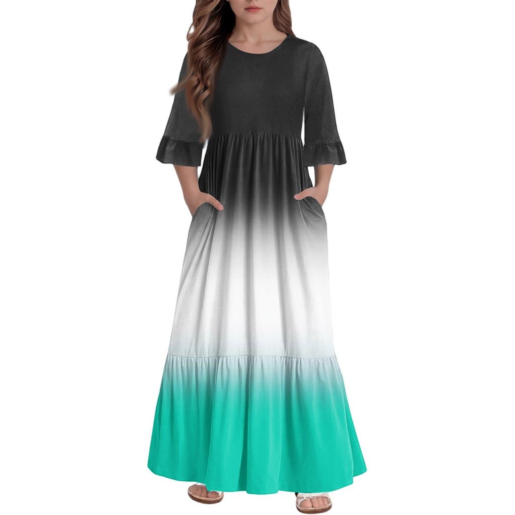 Girls' Tiered Ruffle Dress - 3/4 Sleeve Pocket Maxi With Pockets