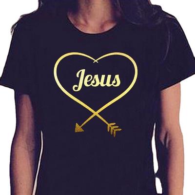 Faith Shirt "Jesus" Heart Print Round Neck Cotton Short Sleeve T-shirt Christian Tee