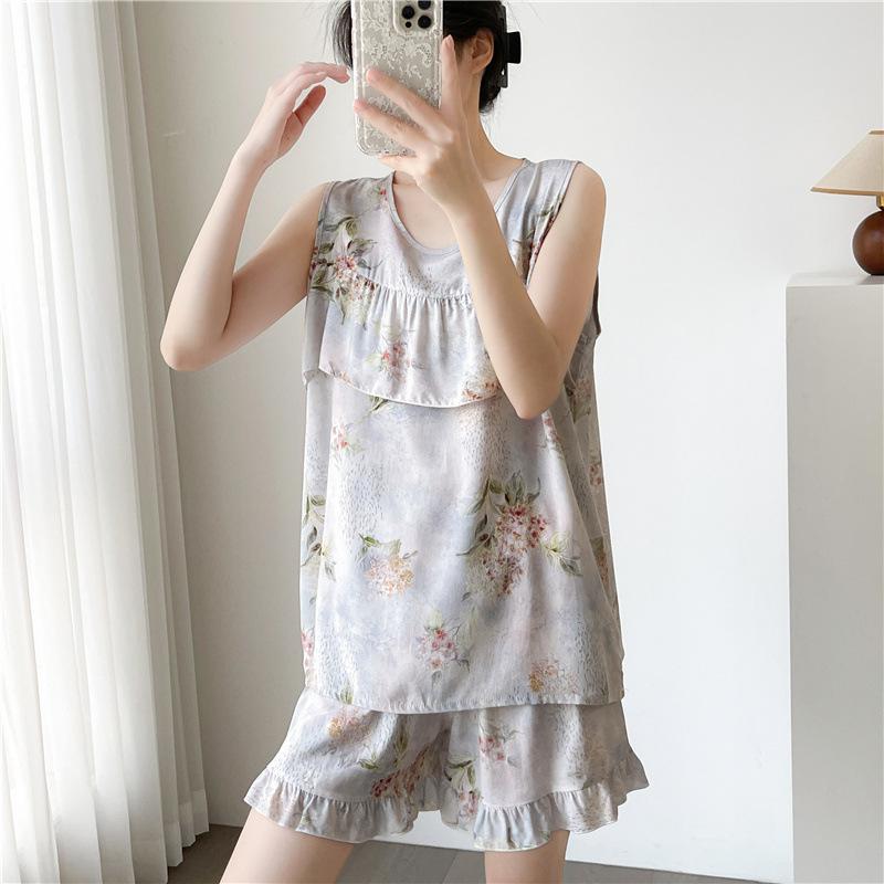 Women's Summer Ultra-Thin Cotton Satin Pajamas Set With Shorts And Sleeveless Vest, Cool Comfort Home Wear For Hot Weather
