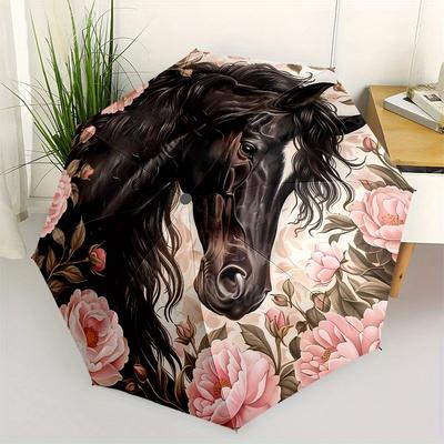Horse Floral Themed, Eight Ribbed, Self Folding Umbrella Is Suitable for Everyday Outdoor Use and Is An Ideal Gift for Friends and Family, A