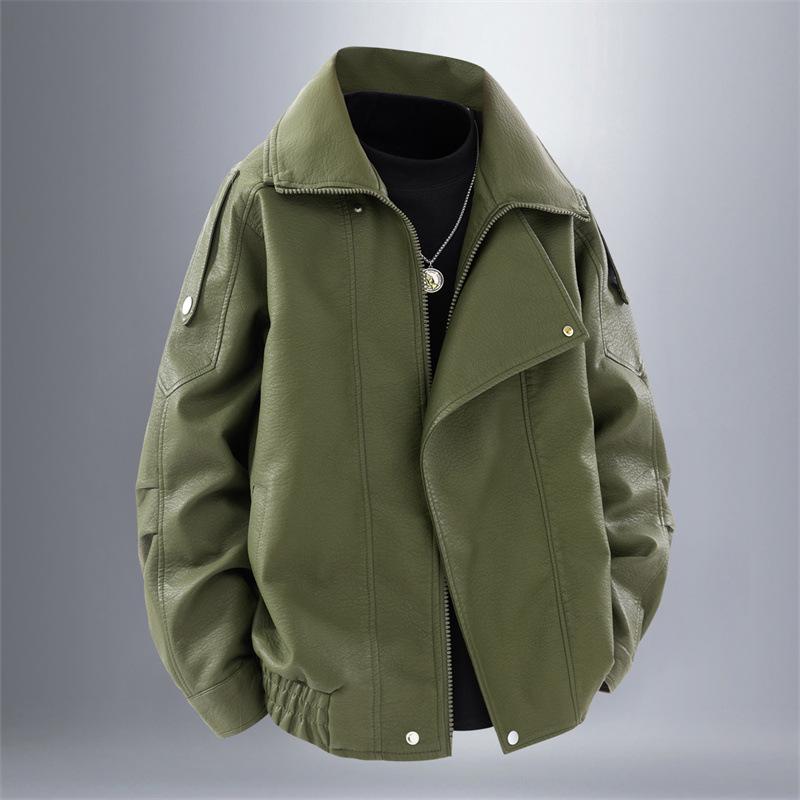 Pánská kožená bunda v americkém stylu na jaro a podzim s klopami a nářadím