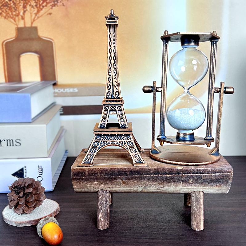 Creative Retro Iron Tower Hourglass Ornament Simple Modern Home Study Wooden Seat Hourglass Decoration Creative Birthday Gift