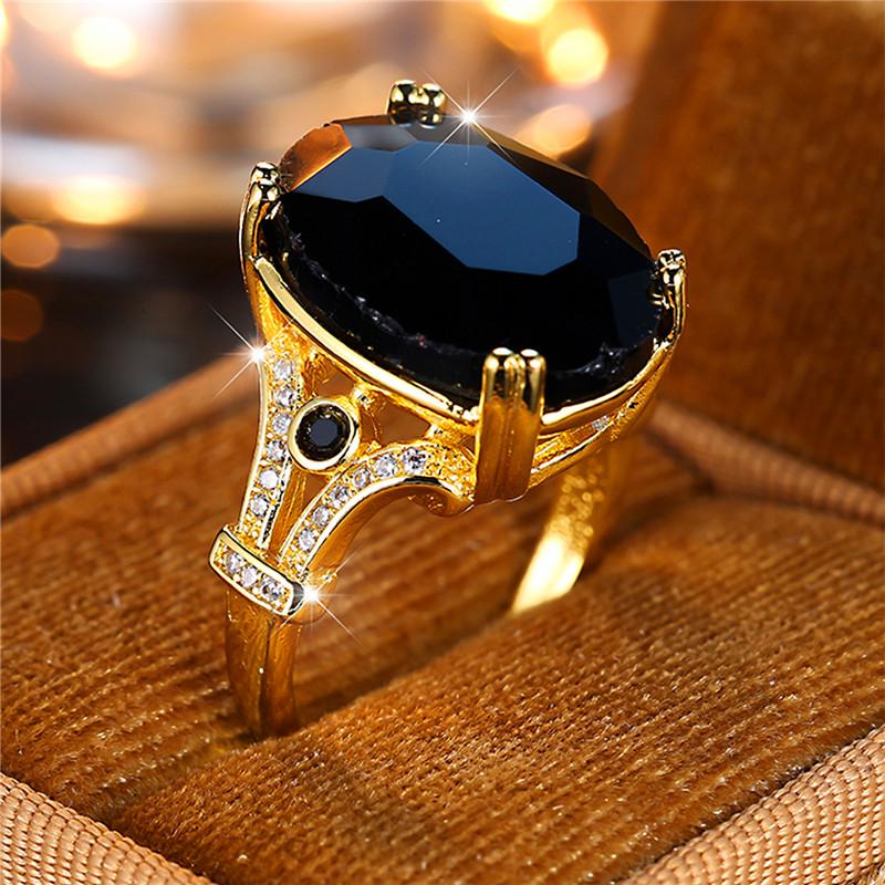 Male Female Luxury Big Black Oval Stone Engagement Ring Vintage Wedding Jewelry For Men Women